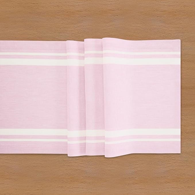 Solino Home Linen Table Runner 72 Inches Long - 100% Pure Linen White and Dusty Pink French Stripe Table Runner 14 x 72 Inch for Dining, Dresser, Spring, Summer
