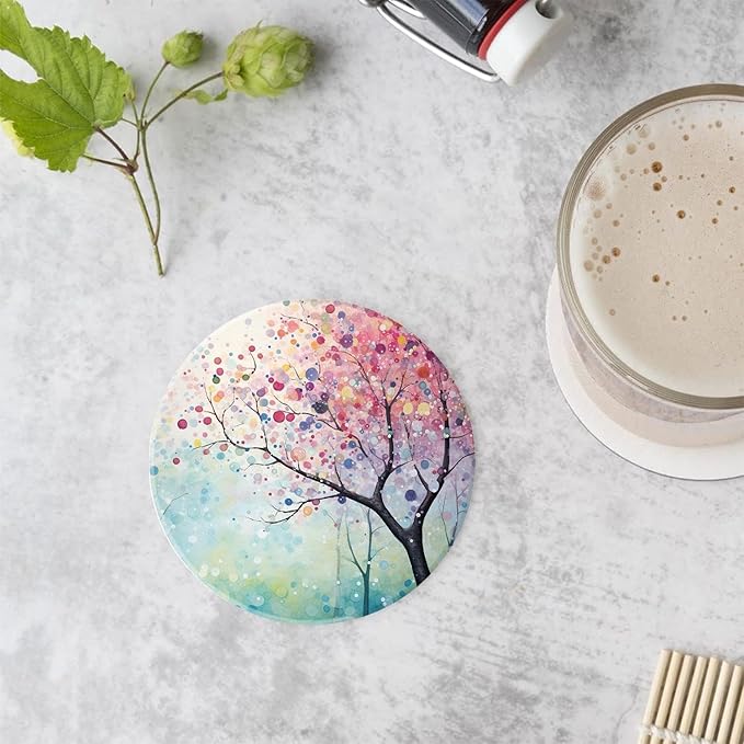 Llama Painting Tree Beautiful Set of 4 Ceramic Coasters with Holder,Absorbent Drink Bar Coasters,Table Coasters