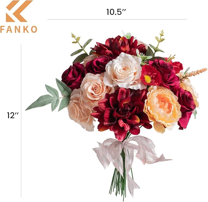 FANKO Artificial Flowers for DIY Bouquet, Faux Rose Combo Burgundy Red Peach Orange, Fake Flower Rose Dahlia Ranunculus for Vase, Floral Arrangement, Centerpieces, Wedding, Home Decor, Party