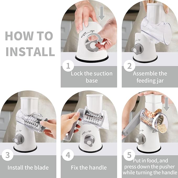 Rotary Cheese Grater, Manual Cheese Shredder with 3 Interchangeable Blades, Cheese Grater Hand Crank with Strong Suction Base, Easy to Use and Clean, White