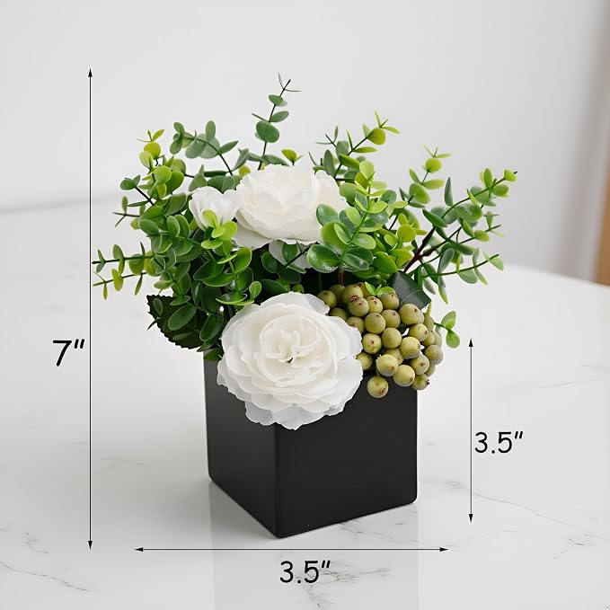 Artificial Flower Arrangement in Black Vase,Floral Centerpiece Table Decor | White Artificial Rose Flower Arrangement Set, Faux Eucalyptus Berry Bouquet with Black Square Ceramic Pot for Table Decor