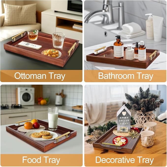 SXNOWS Ottoman Tray, Large Wooden Serving Tray with 2 Sets of Handles for Coffee Table, Rustic Living Room Kitchen Decor, 4 Round Coasters Included, Dark Brown