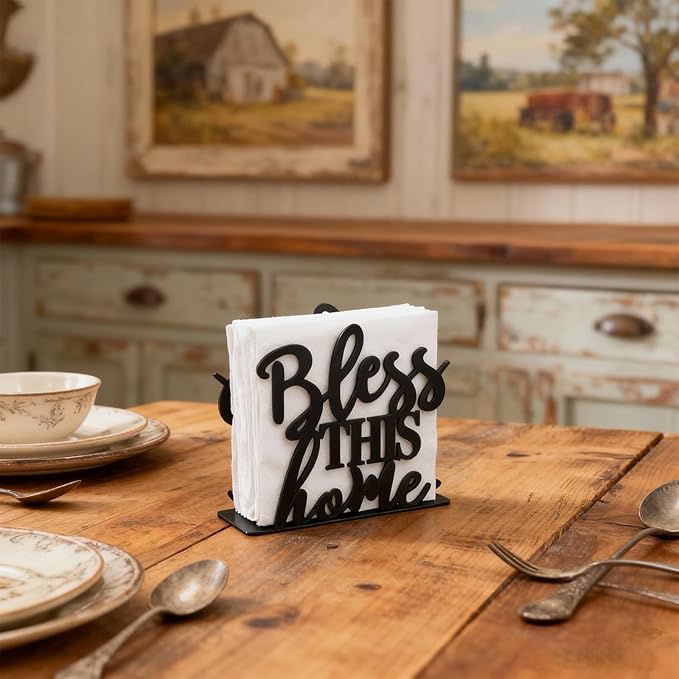 2Pack Bless This Home Napkin Holder for Table, Modern Metal Black Napkin Holders for Kitchen Dining Tables & Countertops, Paper Cocktail Napkins Holder Dispenser for Indoor & Outdoor