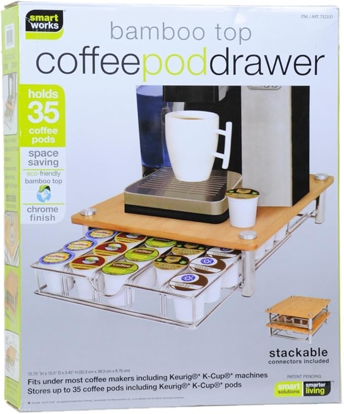 Bamboo Top Coffee Pod Drawer, Single Serve K-cups ~ Holds 35 K-cups