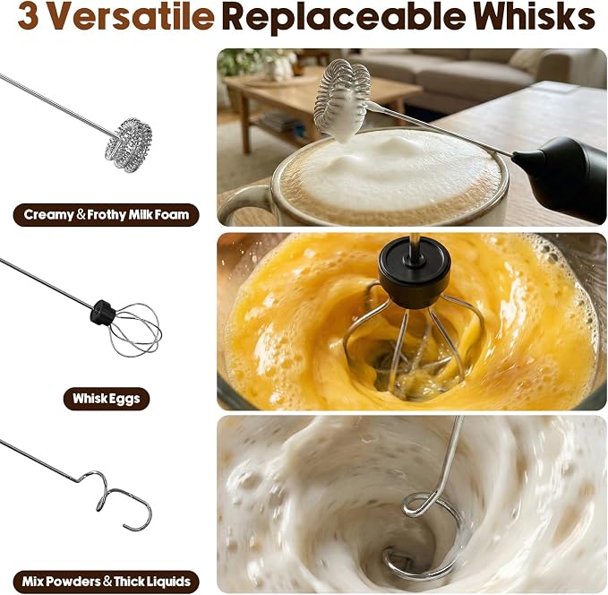 Rechargeable Milk Frother Handheld with 3 Speed, 3 Detachable Whisks with Stand, Electric Coffee Drink Mixer Wand for Cappuccino, Latte, Matcha, Hot Chocolate, Eggs,Protein Black