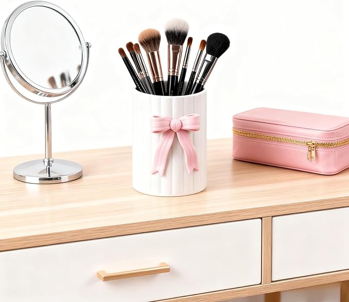 Handmade Pink Bow Ceramic Utensil Holder, 3D Coquette Cooking Utensil Crock with Scalloped Edge, Stable & Easy to Clean Kitchen Storage Caddy Organizer Vase Decor for Countertop Housewarming Gift
