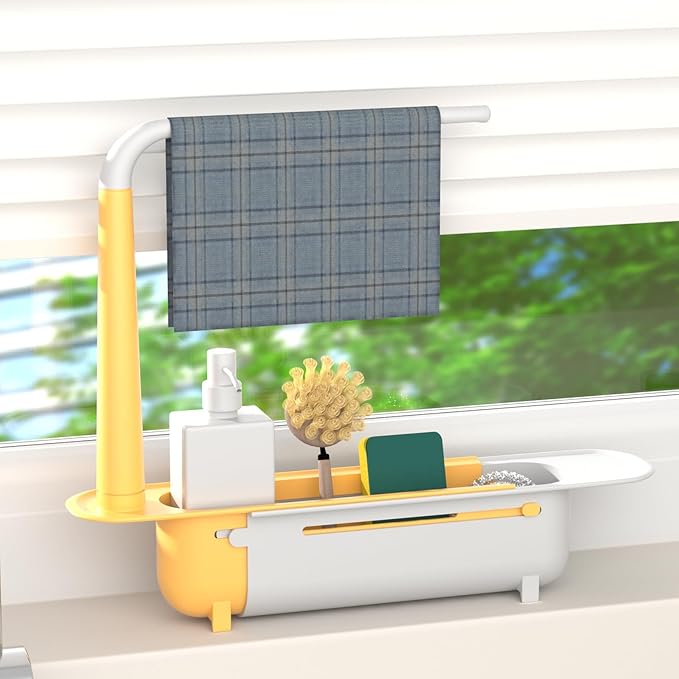 Telescopic Sink Storage Rack with 2 Sponge - Sink Caddy Sponge Holder for kitchen sink (Yellow)