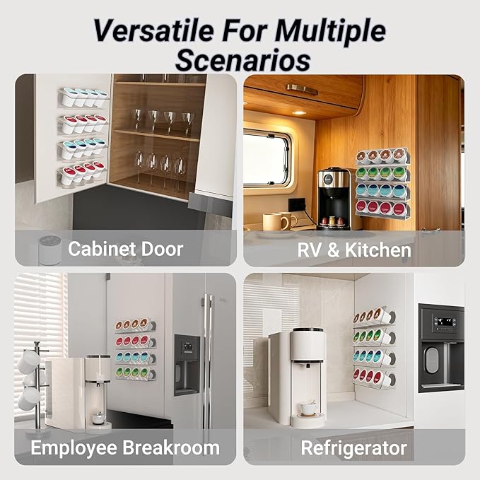 4 Pack Small Acrylic K Cup Holder, Sticky Adhesive & Magnetic Coffee Pod Organizer, Reusable K Cup Stand for Cabinet Door, Fridge, Kitchen, Holds 16 K-Cups - Clear