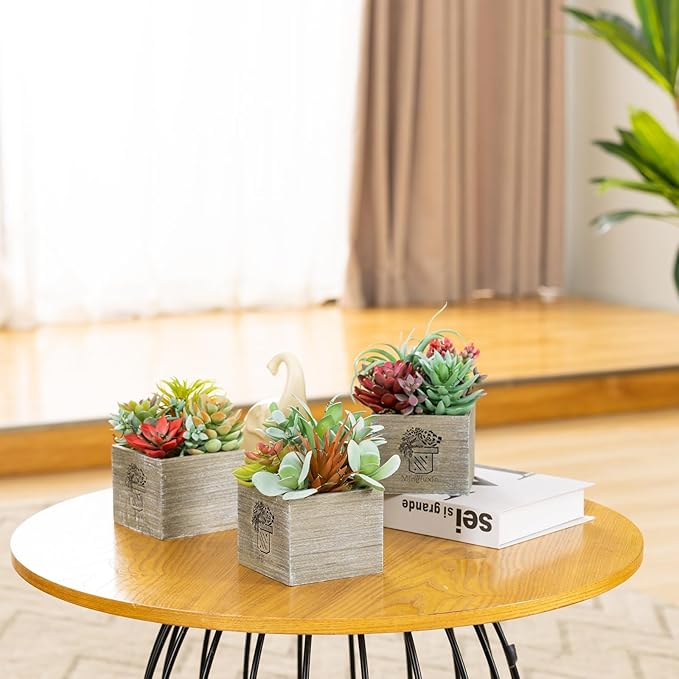 Succulents Plants Artificial with Light, Small Fake Plants in Pots for Home Decor, Potted Decorative Succulents Plants for Table Desk Bathroom Office Room Decor