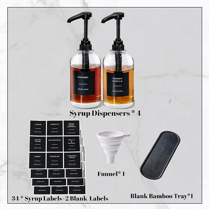 Coffee Syrup Dispenser for Coffee Bar, Glass Syrup Bottle with 1/4 oz Large Capacity Pump, Syrup Pump Dispenser with Pump for Coffee Station, Black with Tray,16.9oz, Set of 2