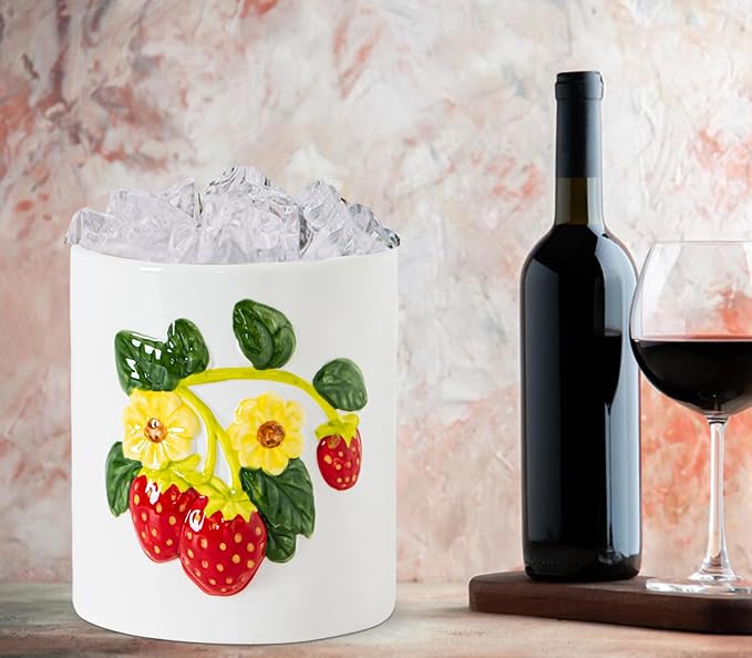 dgudgu Strawberry Kitchen Utensil Holder for Countertop Ceramic Utensil Crock for Kitchen Counter with Carved Strawberry Vine Design White Farmhouse Counter top Organizer for Spoons,Spatulas (yellow)