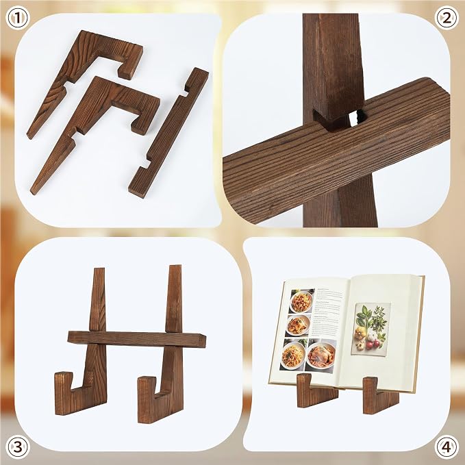 comfoyar Cookbook Stand for Kitchen Counter, Wooden Recipe Cook Book Holder, Rustic Brown Plate Display Stand, Picture Frame Holder for Dish Photo Plaque, Decorative Table Top Easels
