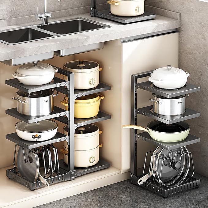 Adjustable Pots and Pans Organizer under Cabinet No Drill Storage Rack Pan Pot Organizers inside Cabinet 16.5" Height Kitchen Organization for Cookware (White)