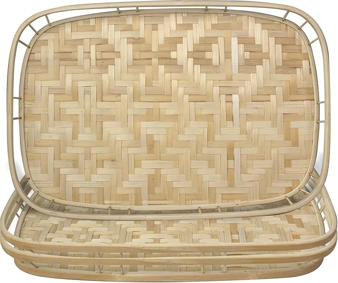 Set of 4 pcs Rectangular Bamboo Wicker Serving Trays with Handles, Handwoven Coffee Trays for Coffee, Breakfast, Bread, Food, Dish and Decorative Trays for Dining Table