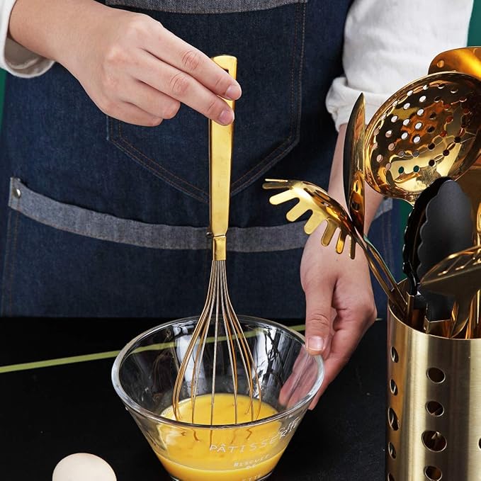 Gold Whisk, Berglander Whisk For Cooking With Titanium Gold Plating, Stainless Steel Balloon Whisk, Sturdy Kitchen Wire Whisk Set for Cooking, Baking, Blending, Beating, Dishwasher Safe, Easy to Clean