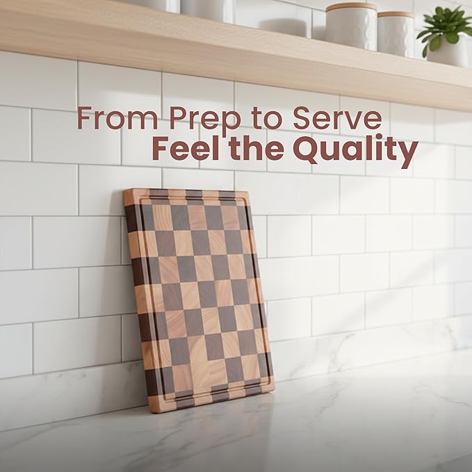 Checkered Cutting Board for Kitchen, Acacia Wood, Butcher Block Chopping Board with Juice Grooves & Handles, Large 16.5"x11.6" Serving Tray & Charcuterie Board, Gift Box Included