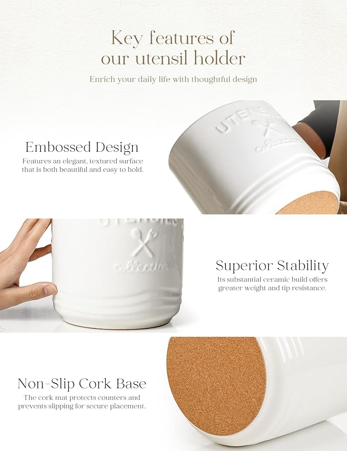 AISBUGUR Large Ceramic Utensil Holder: 7.5" H×6.3" W with Slanted Mouth - Utensil Crock with Non-Slip Cork Base for Kitchen Counter, Ideal for Decor & Gift,white utensil holder