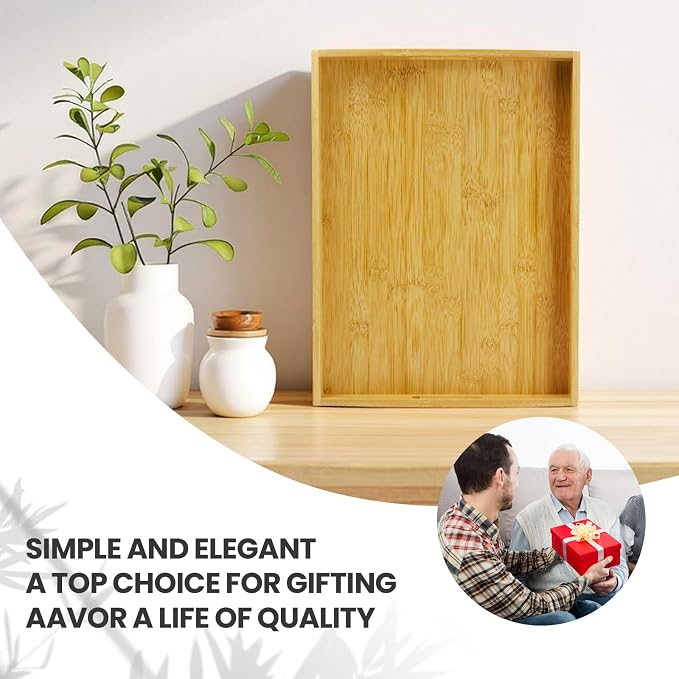 Bamboo Serving Tray with Handles Set of 4 - Decorative Wooden Trays for Eating, Working, and Storing, Suitable for Use in Bedroom, Living Room, Kitchen, Bathroom, Outdoor Scenarios and More
