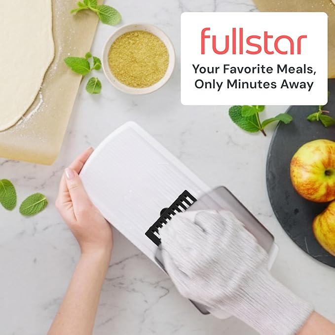 Fullstar Mandoline Slicer for Kitchen, Fruit Cutter, Cheese Grater, Cucumber Slicer, Julienne Peeler, Food Cutter & Kitchen Gadgets & Gifts with Safety Glove (9 in 1, White)