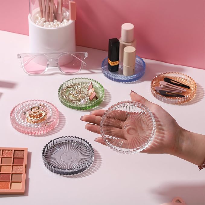 2 Pack Glass Pillar Candle Holders 4 Inch Ribbed Edge Design Decorative Candle Plate with Serrated Edges Clear Blue Display Stand for Wedding Home Decor Table Centerpieces