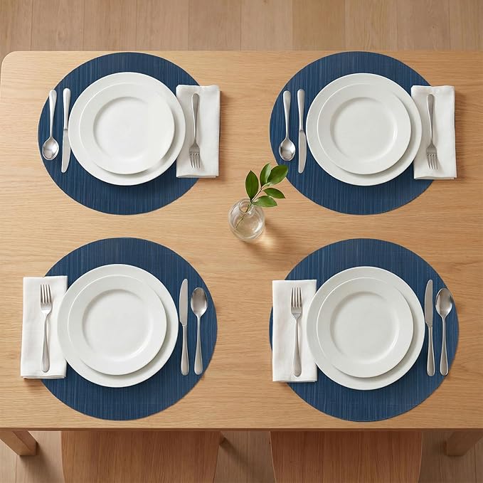 AHHFSMEI Round Placemats Set of 6 Woven Vinyl Non-Slip Heat Resistant Stain Resistant Easy Clean Place mats for Dining Table(Blue)