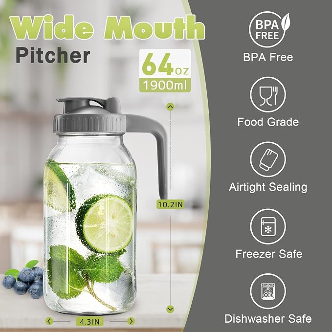 2 Pack Mason Jar with Pour Spout Lid V-shaped, 64 oz Sun Tea Jar Double Leak Proof, 2 Quart Drink Pitcher for Breastmilk, Sun Tea, Juice, Coffee Creamer, Iced Tea Pitcher