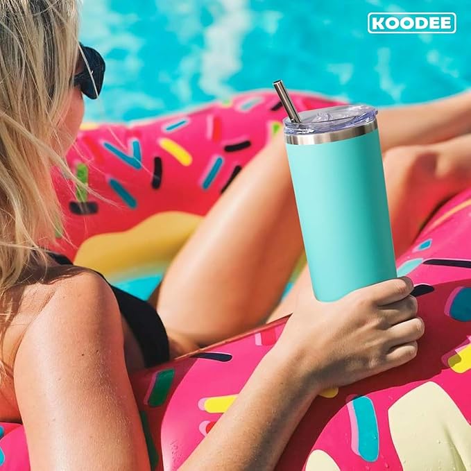 koodee 20 oz Tumbler with Lid and Straw -4 Pack Insulated Skinny Tumblers Stainless Steel Double Wall Water Cup (White/Teal/Sky Blue/Baby Pink)