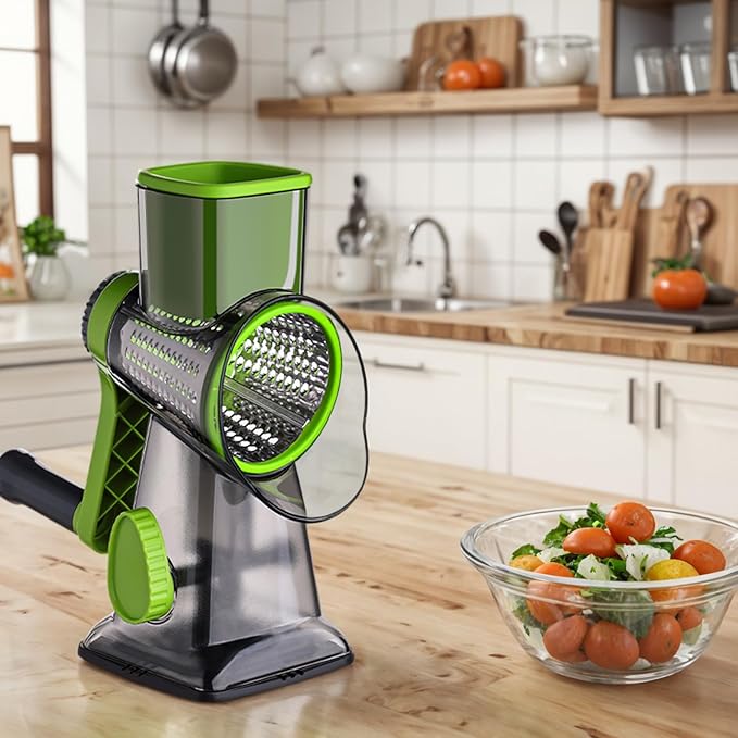 HANSGO Rotary Cheese Grater, 3 Stainless Steel Blades, Labor-Saving Handle, Strong Suction Base, for Cheese, Vegetables, Nuts, Chocolate & Fruits, Ideal for Family Meals, Salads, Pasta & Easy Cleanup