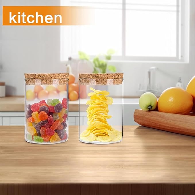 Airtight Glass Storage Containers with cork Lid, for Kitchen Pantry Organization and Storage jar,Ideal for Coffee Beans Snacks Flour Cereal Sugar Tea 21oz. (Circular 4.7 * 3.3in*4pcs)