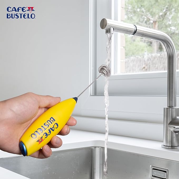 Café Bustelo Electric Coffee Milk Frother – Handheld Battery-Operated Drink Mixer with Stainless Steel Whisk & Stand, Bold Yellow Design, Perfect for Lattes, Cappuccinos & Café-Style Coffee Drinks
