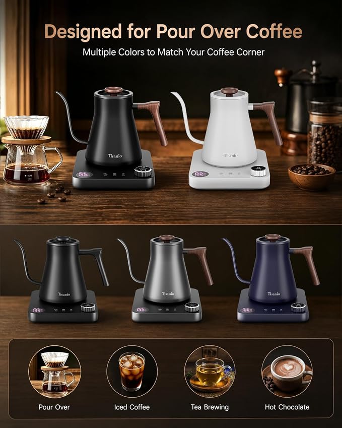Gooseneck Electric Kettle for Pour Over Coffee, ±1°F Precision Control, Smart Two-Stage Heating, 2-Hour Keep Warm, 0.9L Stainless Steel, Blue Wood Handle