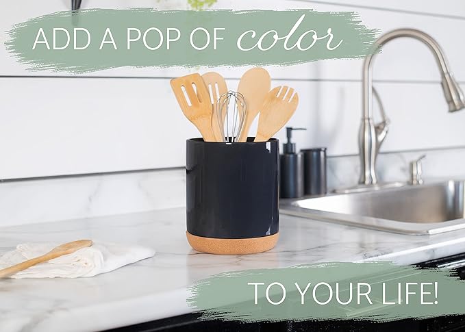 Glossy X-Large Ceramic Stoneware Cork Bottom Kitchen Utensil Holder, Black