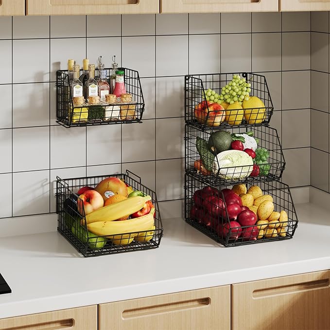 2-Tier Stackable Wire Baskets for Counter, Potato and Onion Storage Bin, Fruit and Vegetable Storage Bins with Ventilated Mesh,Kitchen Pantry Organizer - Wall Basket for Produce/Snack/Can, Black