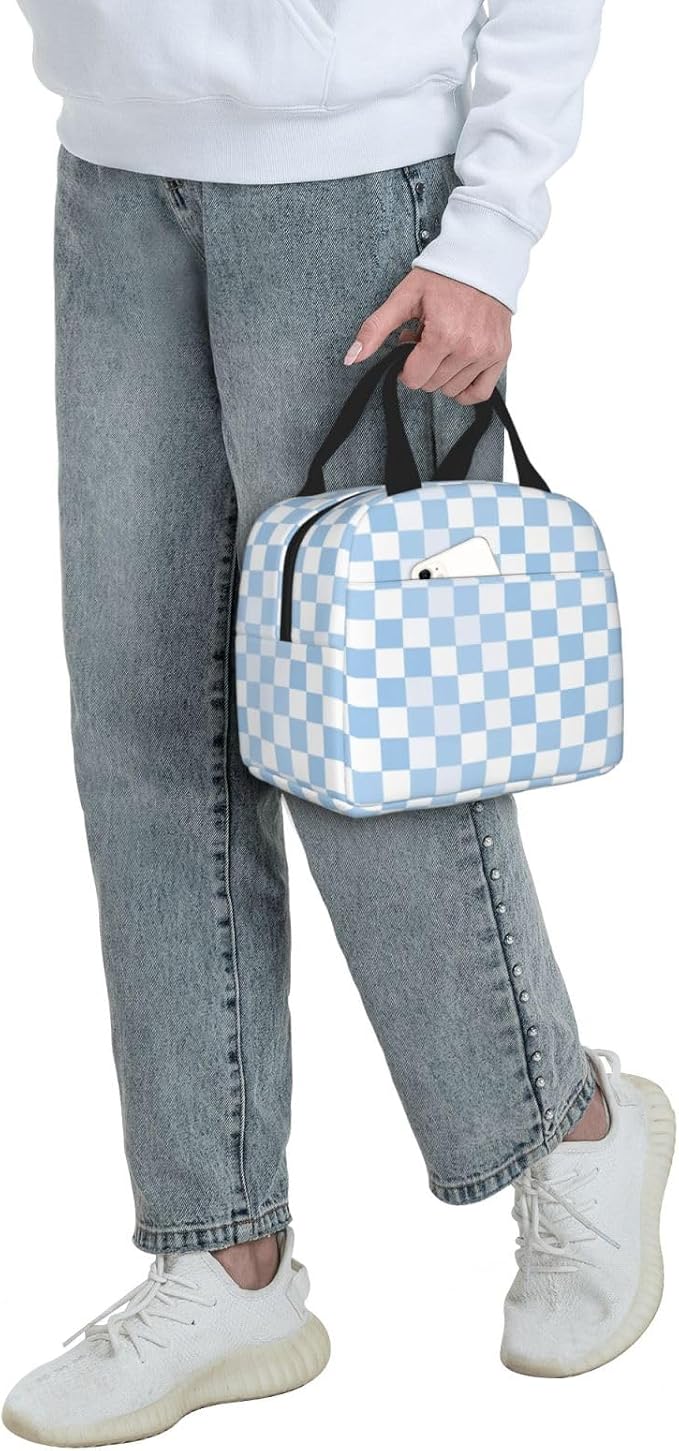 Insulated Lunch Bag Checkerboard Pattern Pastel Blue, Leakproof Lunch Tote for Work School, Reusable Lunch Box Cooler for Adults Students, Compact Lunch Bag for Office College Picnic