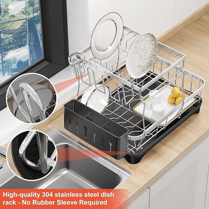 2-Tier Dish Drying Rack for Kitchen Counter, 304 Stainless Steel with Adjustable Drainboard, Removable Utensil Holder & Water Filter Tray, Black