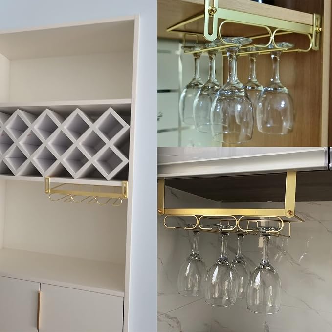 Hanging Wine Glass Rack Black Adjustable, Solid Iron Wine Glasses Hanger, Metal Under Cabinet Stemware Rack 3 Rows, 4 Rows, Convenient Storage And Space-saving