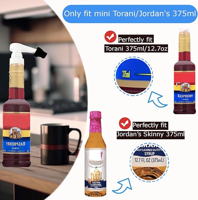 Mini Coffee Syrup Pump Only for Small Torani and Jordan’s Skinny 375ml/12.7oz Syrup Bottles with Pump Tip Covers Included, Syrup Pump Dispense 8ml per Press, White