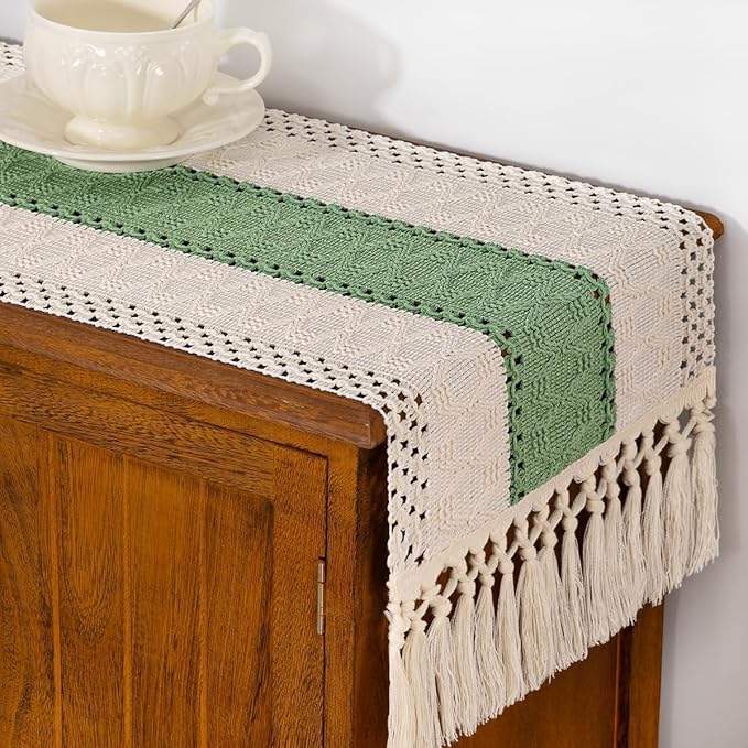 Boho Woven Cotton Linen Table Runner Sage & Ivory 11"x48" with Tassels Rustic Macrame Farmhouse Table Runner Summer Decor for Dining Room Wedding Kitchen Party