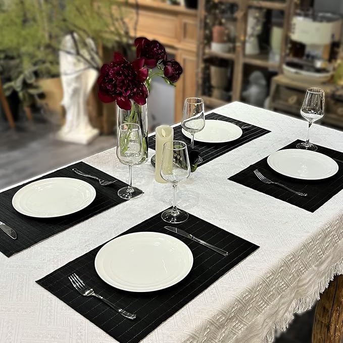 Set of 12 Pcs Bamboo Placemats - Natural & Brown & Black, Anti-Slip, Heat-Resistant, Washable Table Mats for Dining and Kitchen