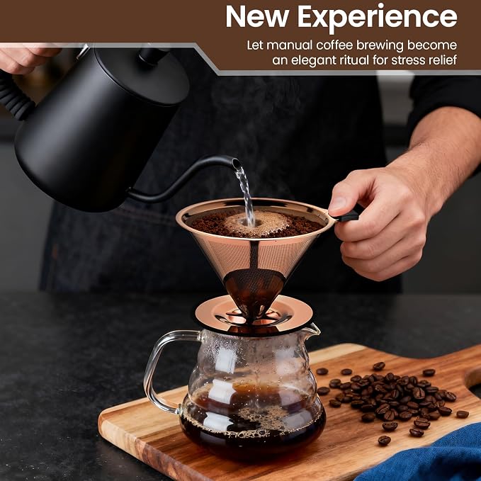【2.0 Upgraded】Pour Over Coffee Dripper, Stainless Steel Drip Cone Brewer, Reusable Metal Coffee Strainer with Non-Slip Ring & Handle, Paperless Pour Over Coffee Maker (2.0 Titanium Copper)