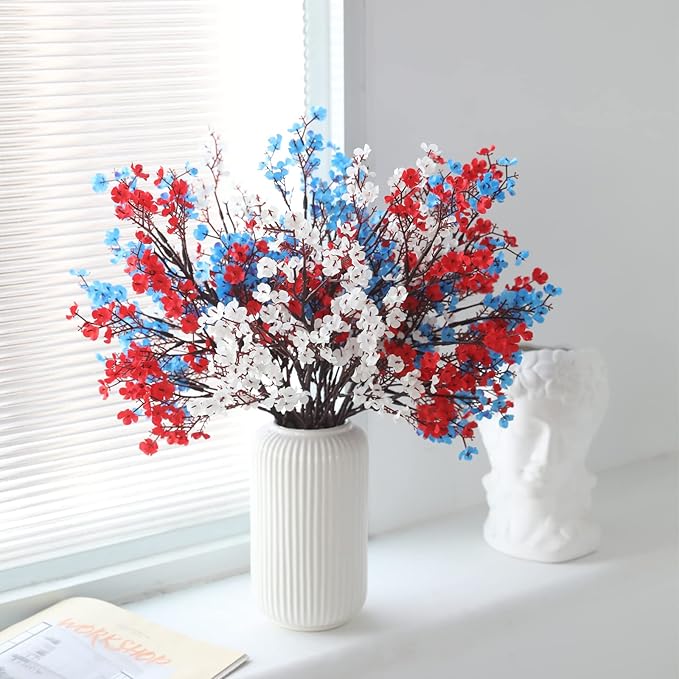 Hananona 10 Pcs 4th of July Flowers Artificial Babys Breath Fake Silk Red White Blue Patriotic Flowers for Independence Day Home Decor Floral Arrangement Table Centerpieces (10, Mix)