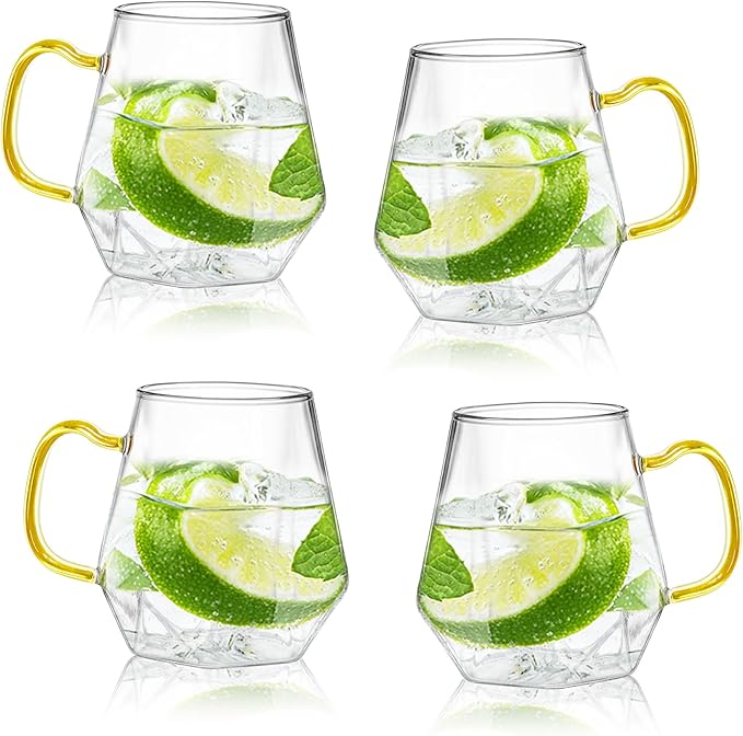 AEFPOYMXU 4pcs Crystal Clear Glass Coffee Cups Set with Handle,Espresso Mugs for Hot Espresso Liquor Microwave Safe coffee cups 10oz