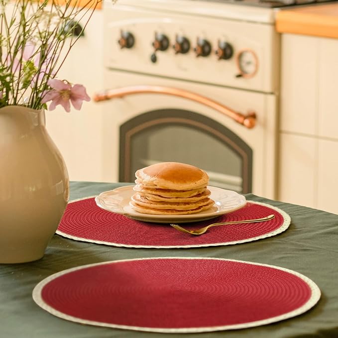 Noctiflorous Braided Round Placemats Set of 4, 15 Inch Woven Table Mats, Non Slip Washable Thin Edge Place Mats for Kitchen Dining Table Decor (Red, 4)