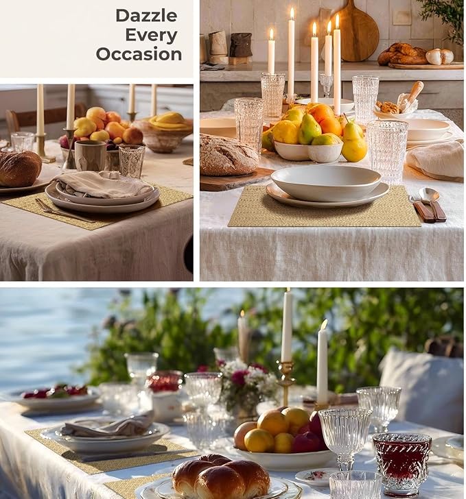 Leetaltree Sparkling Gold Sequin Woven Vinyl Placemats, Set of 4 - Waterproof & Washable Dining Table Mats for Wedding, Anniversary, Daily Use, Hand-Cut
