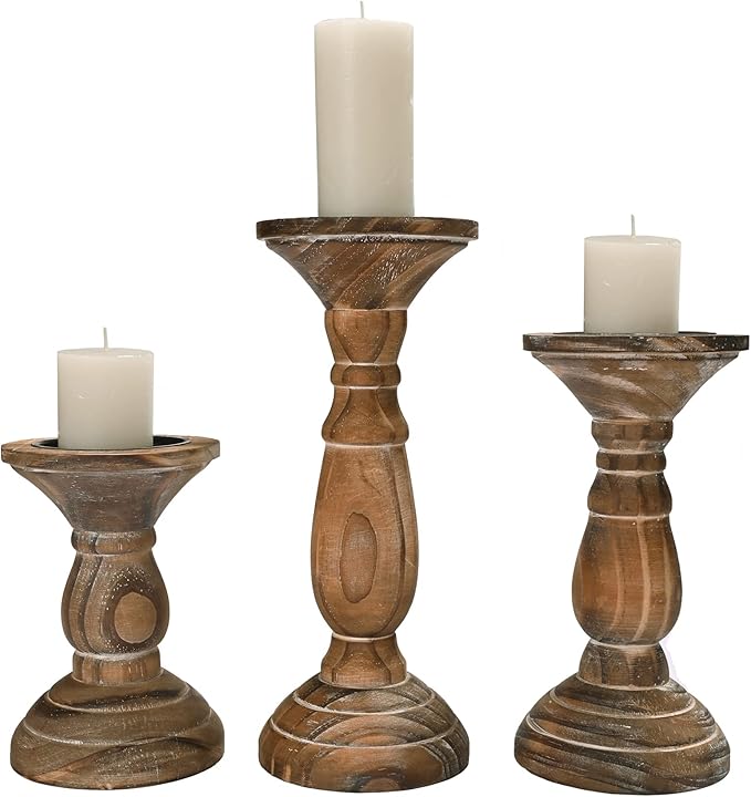 Yorkmills Pillar Candle Holder Set of 3, Farmhouse Decor Living Room Tall Candle Holders for Pillar Candles, Wood Candle Holders for Table Centerpieces Brown Home Decor Kitchen Dining Room Table Decor