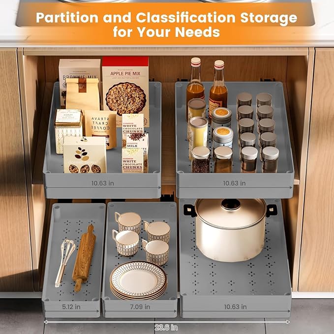 15.75'' D Adhesive Pull Out Drawers for Cabinets,No Drill Pull Out Drawers with Raising Pad for Framed & Frameless Cabinet,Adjustable Expandable Pullout Cabinet Organizer for Kitchen,Bathroom, M Size