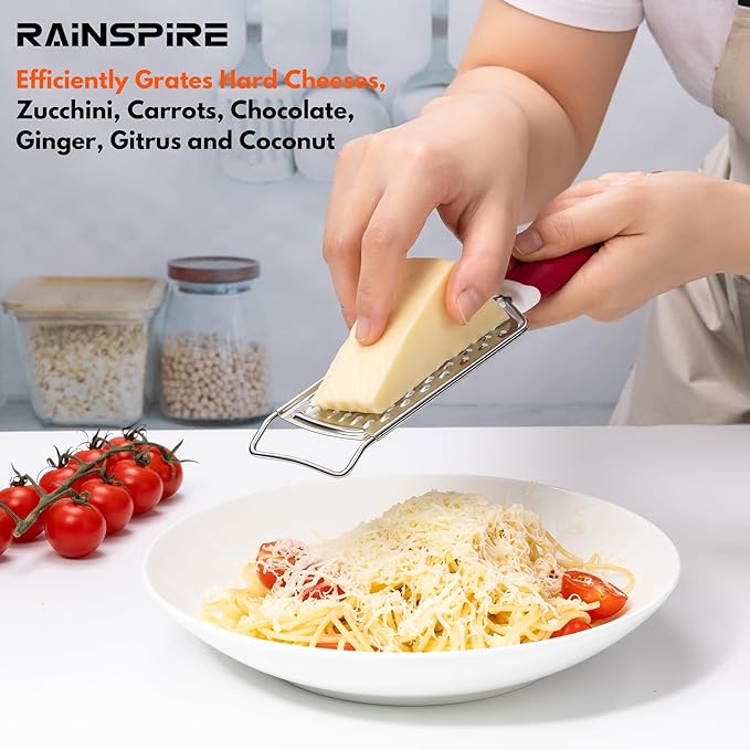 Rainspire Professional Cheese Graters for Kitchen Stainless Steel Handheld, Metal Lemon Zester Grater With Handle For Cheese, Chocolate, Spices, Kitchen Gadgets Tools, Soft Grip Handle (Red)