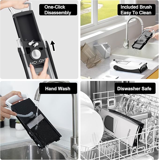 Safe Mandoline Slicer for Kitchen, 6 in 1 Vegetable Chopper, French Fry Cutter For Potatoes, Potato Slicer,Food Chopper,Adjustable Thickness 0.1-8 mm, With Peeler/Cleaning Brush (Black)