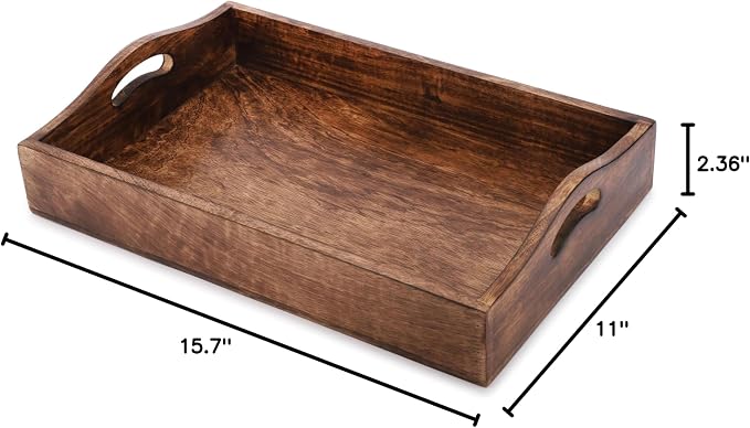 Ajuny Set of 3 Wooden Serving Tray with Handles Decorative Solid Plain Style Handcrafted Rectangular Platter for Snacks Coffee Tea and Versatile Kitchen & Home Gift (15.7x11, 13.7x9.9, 11.4x8 Inch)