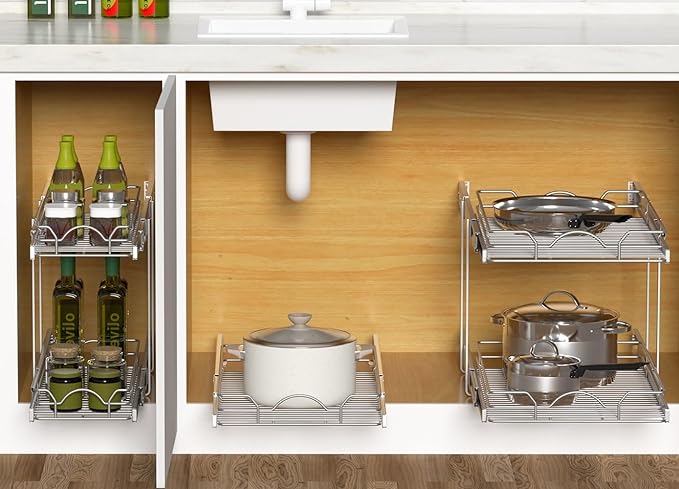 OCG Pull Out Cabinet Organizer 2 Pack (12" W x 21" D), Pull out Shelves 1 Tier, Cabinet Slide Out Shelves for Base Cabinet Organization in Kitchen Bathroom Pantry, Bottom Mount, Chrome Finish